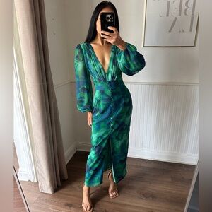 Runaway the Label Vibrant Blue and Green sheer Long Sleeve Dress